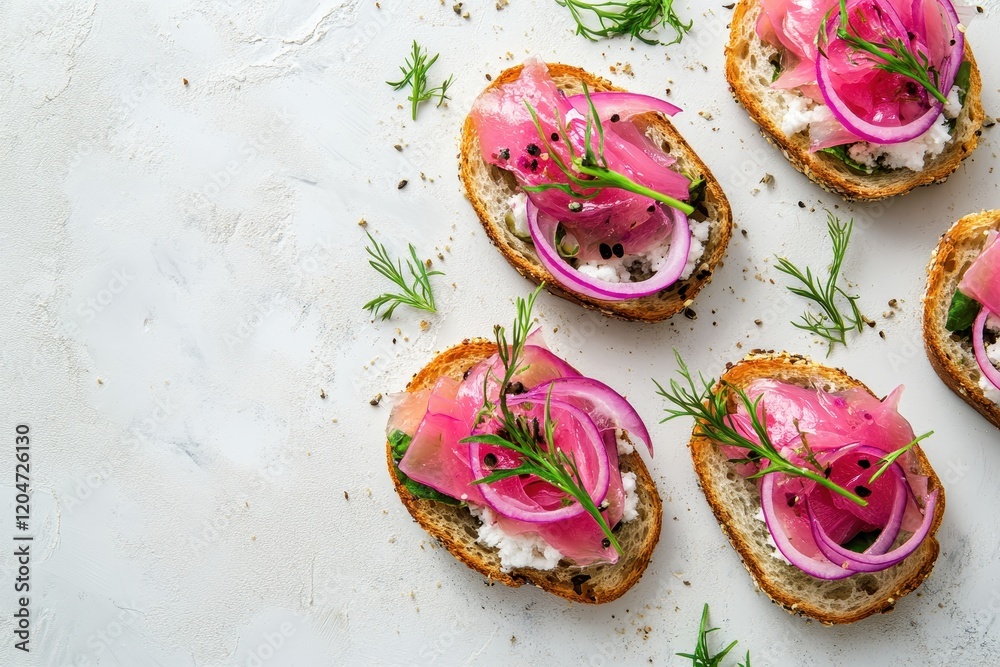 Poster Finger food Small open faced sandwiches featuring sweet pickled red onion salted herring and greens on a light marble surface Top