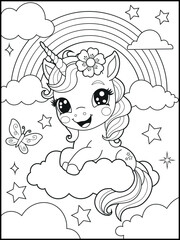Illustration of a cute baby unicorn cartoon character. Black and white Printable Unicorn coloring page for kids.