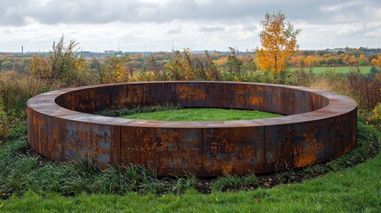 Rust-Colored Circular Structure in Autumnal Landscape