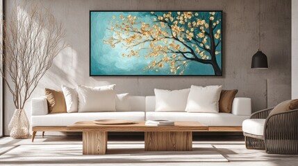 Woman relaxing on couch in sunny living room, tree painting background. Wall decor