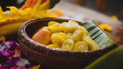 Fresh tropical fruits with water droplets, surrounded by colorful petals, celebrating Thai Songkran Festival's vibrant and festive spirit.
