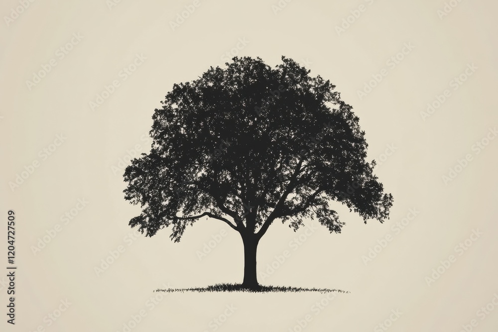 Poster Silhouette of a large tree with a detailed canopy on a plain background in a calm setting. Generative AI