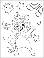 Illustration of a cute baby unicorn cartoon character. Black and white Printable Unicorn coloring page for kids.