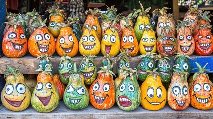 Vibrant Hand-Painted Gourds with Funny Faces at a Market Stall