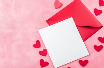 Valentine's Day Concept White Blank Card in Red Envelope on Pink Background with Small Hearts, Romantic Greeting Card Design.