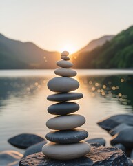 Zen stone stack on a lakeside rock at sunset, surrounded by calm water and mountains, representing mindfulness, tranquility, and spiritual balance in nature

