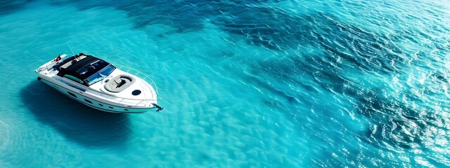 A speedboat in the middle of clear blue water, seen from above, with space for text on one side. The boat is white and has black details, creating an elegant look.