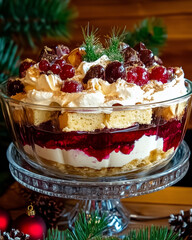 Close-up of Christmas Trifle Dessert with golden crust