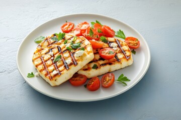 High angle shot of grilled halloumi and feta with red tomatoes on a white plate against a light blue stone backdrop
