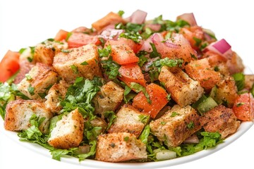 High resolution image of a fattoush dish set against a white background with blurred edges