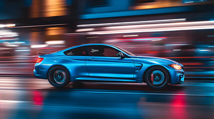 Blue Sports Coupe Driving at Night in City