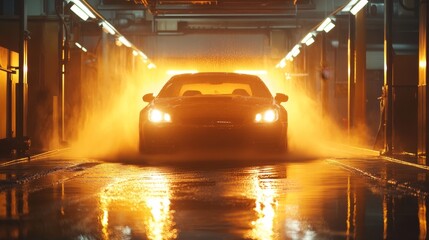Fototapeta premium Vehicle Automatic Car Wash Tunnel Night Illumination