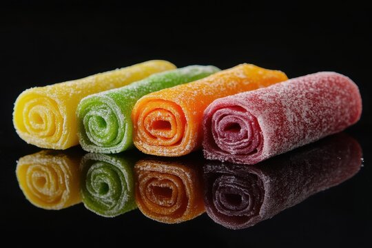 Images of colorful motti with various fillings set against a black backdrop a tasty dessert - Powered by Adobe