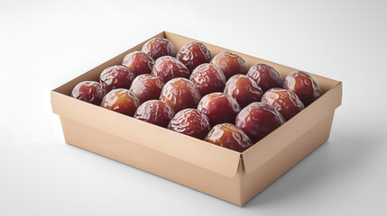 Obraz premium box of dates, with several whole and juicy Medjool dates inside the cardboard packaging, on a white background