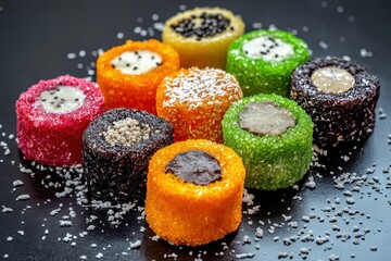 Images of colorful motti with assorted fillings against a black backdrop a tempting treat