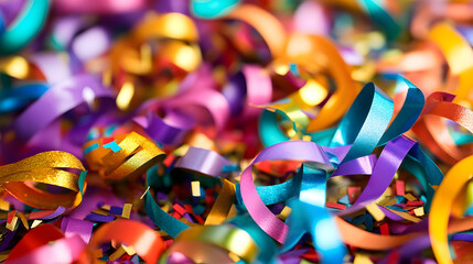 A vibrant pile of colorful confetti and ribbons. Perfect for celebrations, parties, and festive occasions. The image is full of energy and joy.