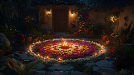 A stunning night scene of a house adorned with vibrant floral arrangements and candles, creating a magical, enchanting atmosphere.