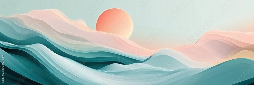 Poster calm waves and soft mountains under a pastel sunset with a gentle horizon glow. generative ai