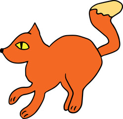 The ginger cat with the yellow eye raised its tail and stands with one paw raised