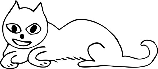 smiling cat lies with its paws under itself and looks at the camera