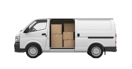 A white delivery van with boxes inside, isolated on transparent background