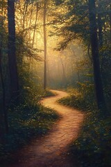 Obraz premium Peaceful Forest Pathway in Gentle Morning Light