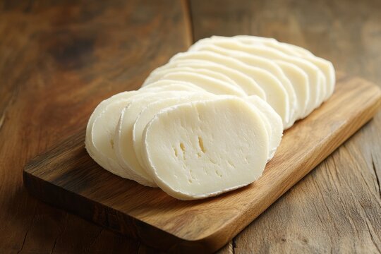 Kashar or kashkaval cheese on a wooden floor with slices on a serving board