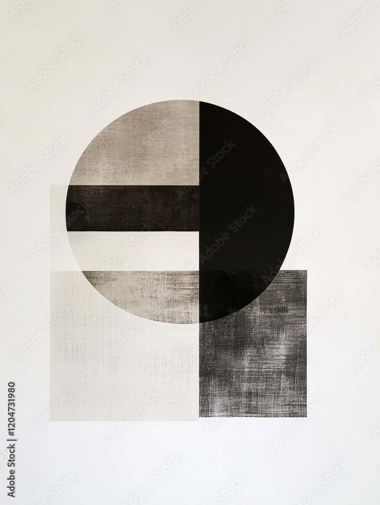 Aufkleber abstract composition featuring geometric shapes in shades of black and white on a plain background. 