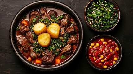 Hearty beef stew with potatoes, served with quinoa and chili side dishes.