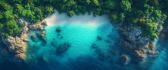 Aerial view of a secluded beach nestled between lush green cliffs and turquoise water.