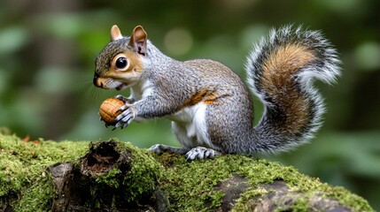 Obraz premium Grey Squirrel Holding Nut On Mossy Log In Forest Environment