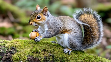 Naklejka premium Squirrel Holding Acorn on Mossy Log in Forest Setting