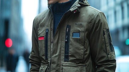Close-up of a man wearing a stylish olive green jacket with multiple pockets.