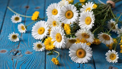 Fototapeta premium A beautiful bouquet of daisies set against a rustic blue backdrop.