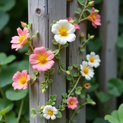 Obraz premium A close-up of a wooden pole wrapped in a vine with delicate white flowers