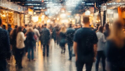 Vibrant marketplace scene with blurred figures at trade show event modern exhibition