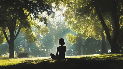 Fototapeta premium Woman Meditating in Serene Forest Sunlight