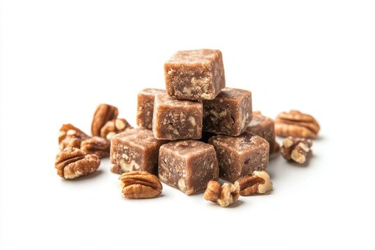 Maple walnut and pecan fudge cubes on a white surface