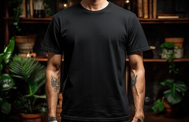 Fototapeta premium Black T-Shirt Displayed on Minimalist Wooden Hanger in Soft Natural Light