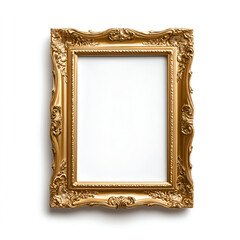 A decorative golden picture frame with ornate detailing, featuring a blank interior ready for artwork or photographs.