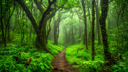 Obraz premium Misty rainforest trail, lush foliage, path, adventure, nature, background, travel, serene, exploration, green