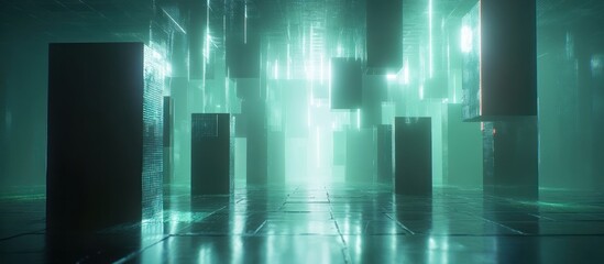 Futuristic teal neon glowing abstract corridor with dark rectangular blocks.
