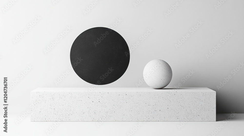 Poster minimalist black circle and white sphere on a clean white surface create a striking modern art compo