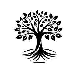 Fototapeta premium Majestic Tree of Life: A stylized black and white illustration of a majestic tree with sprawling roots and lush foliage, symbolizing growth, strength, and longevity. 