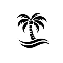 Fototapeta premium Palm Tree by the Ocean: A stylized black and white illustration of a palm tree beside ocean waves, evocative of tropical vacations and summer vibes.