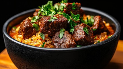 Fototapeta premium Beef stew with rice in a black bowl.