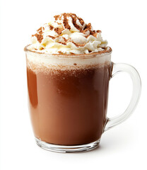 Warm chocolate drink with whipped cream in a glass mug