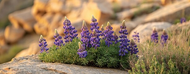 Obraz premium Beautiful blooming purple flowers on rocks.
