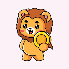 cute lion holding gold coin