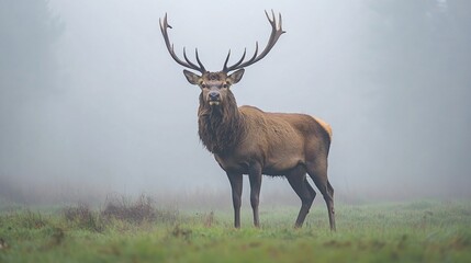 Handsome stag standing in foggy forest with majestic antlers